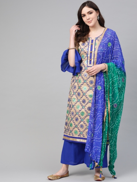 

Chhabra 555 Beige & Blue Made To Measure Resham Embroidered Kurta Set With Dupatta