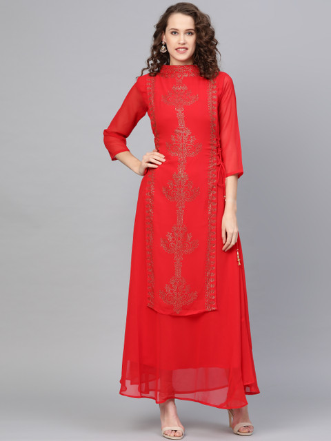 

Chhabra 555 Women Red & Golden Made to Measure Layered Maxi Kurta Dress