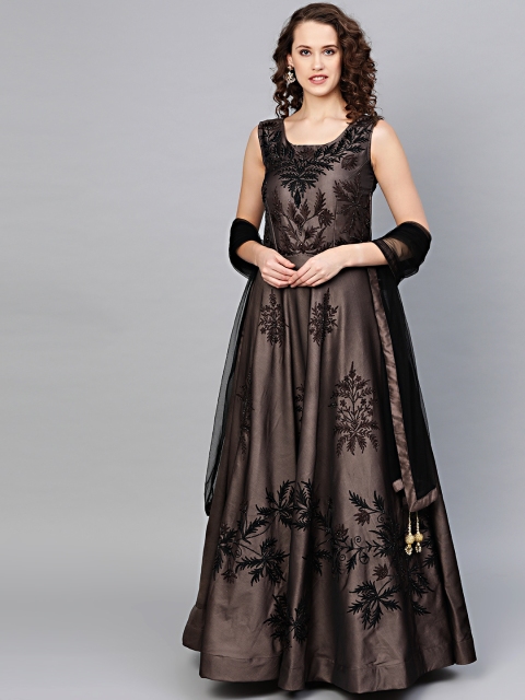 

Chhabra 555 Women Brown & Black Embellished Made to Measure Gown with Dupatta