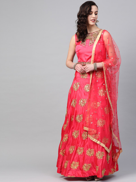 

Chhabra 555 Women Coral Red & Golden Made to Measure Lehenga Choli with Dupatta