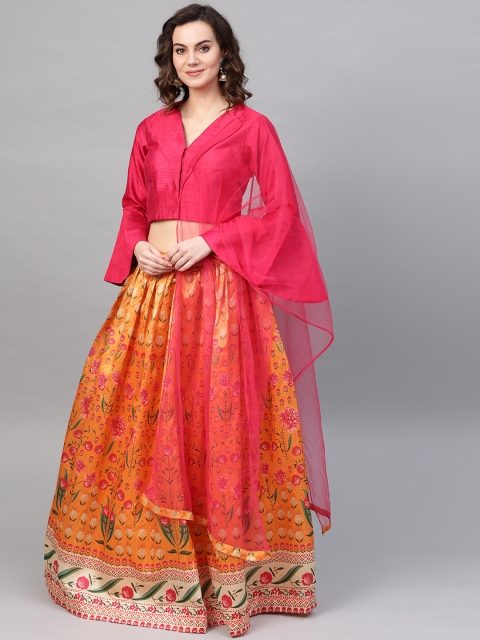 

Chhabra 555 Mustard Yellow & Pink Made To Measure Block Print Lehenga Choli With Dupatta