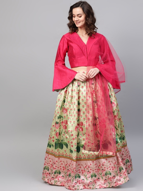 

Chhabra 555 Women Green & Pink Made-to-Measure Printed Lehenga & Choli With Dupatta