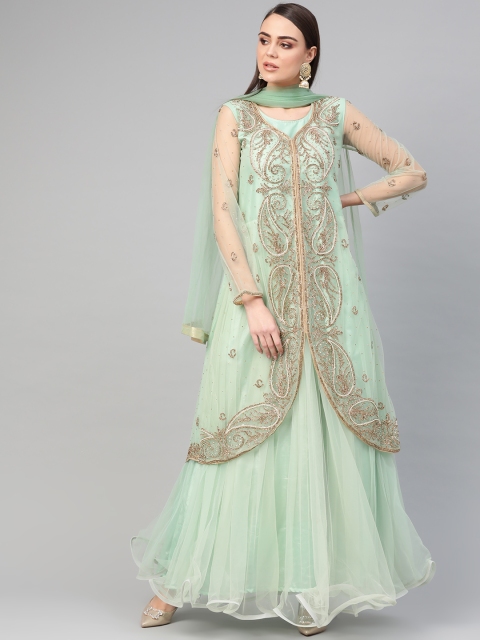 

Chhabra 555 Women Green & Golden Embellished Made to Measure Cocktail Gown with Dupatta