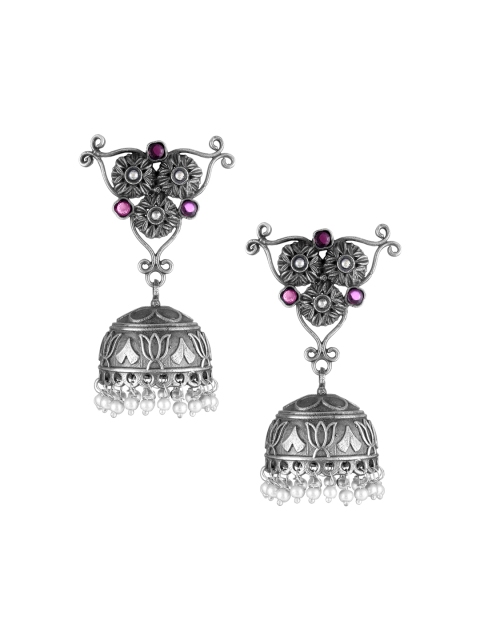 

Adwitiya Collection Silver-Plated & Green Oxidised Dome Shaped Jhumkas