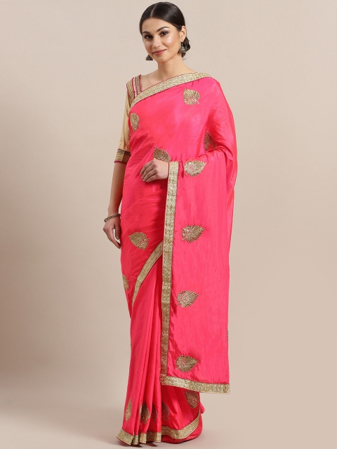 

Chhabra 555 Pink & Golden Zari Embroidered Chanderi Saree