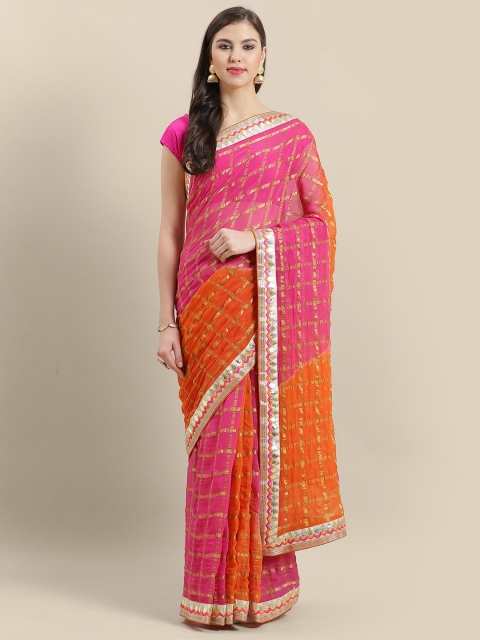 

Chhabra 555 Pink & Orange Checked Bandhani Dyed Garchola Saree