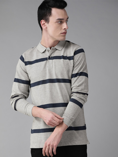 

Roadster Men Grey Melange & Navy Blue Striped Polo Collar T-shirt