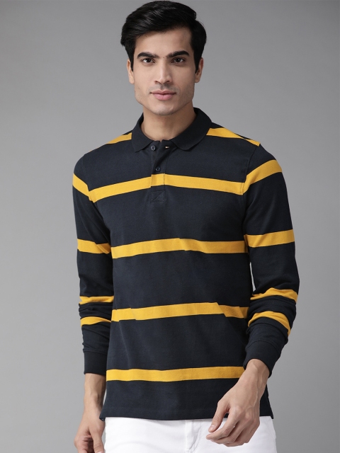 

Roadster Men Navy Blue & Yellow Striped Polo Collar T-shirt