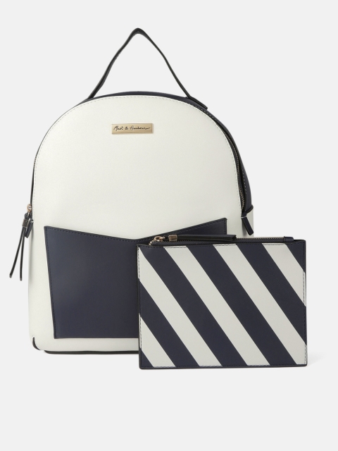 

Mast & Harbour Women White & Navy Blue Colourblocked Backpack