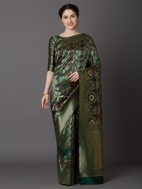

Mitera Green Silk Blend Woven Design Kanjeevaram Saree