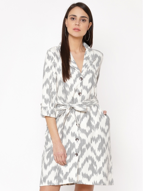 

Carlton London Women Off-White & Charcoal Grey Self Design A-Line Dress
