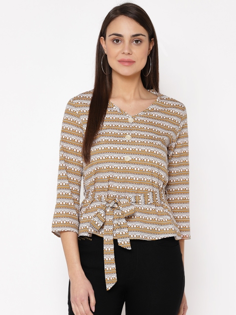 

Carlton London Women White & Mustard Yellow Printed Cinched Waist Top