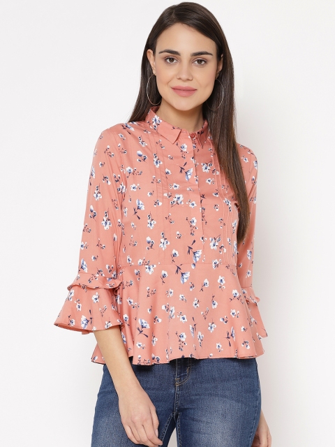 

Carlton London Women Peach-Coloured & Blue Floral Printed Shirt Style Top