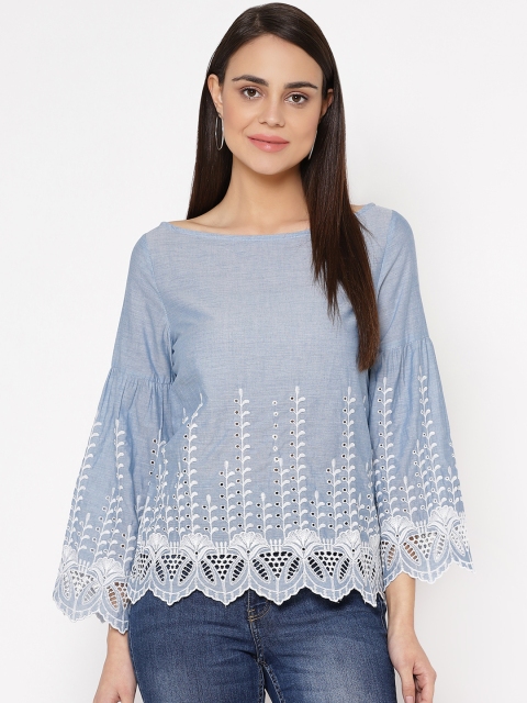 

Carlton London Women Blue Schiffli Embroidered Detail Pure Cotton Top