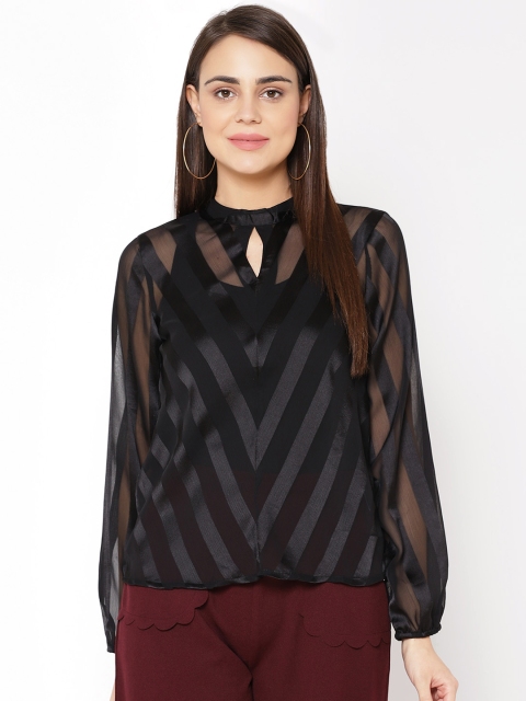 

Carlton London Women Black Self-Striped Semi-Sheer Regular Top