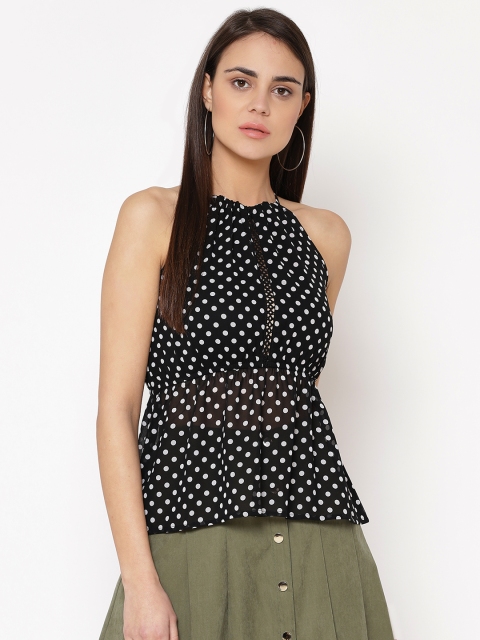 

Carlton London Women Black & White Polka Dot Print Cinched Waist Top