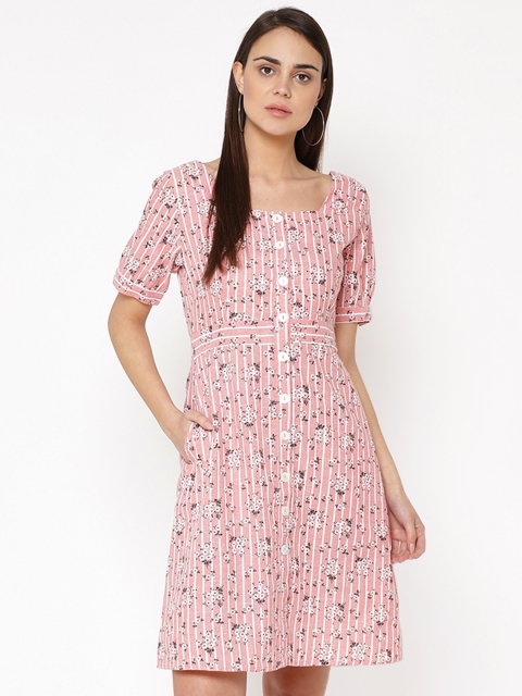 

Carlton London Women Pink & White Striped A-Line Dress