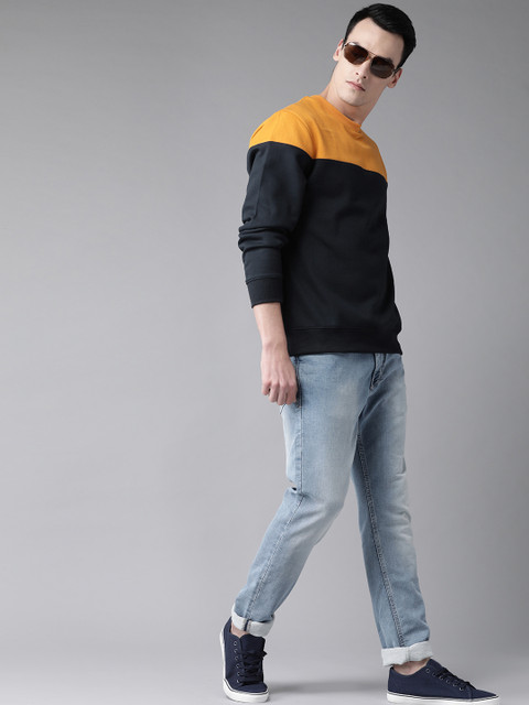 

Roadster Men Navy Blue & Mustard Yellow Colourblocked Sweatshirt