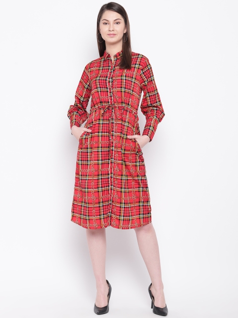 

Marie Claire Women Red & Yellow Checked Shirt Dress