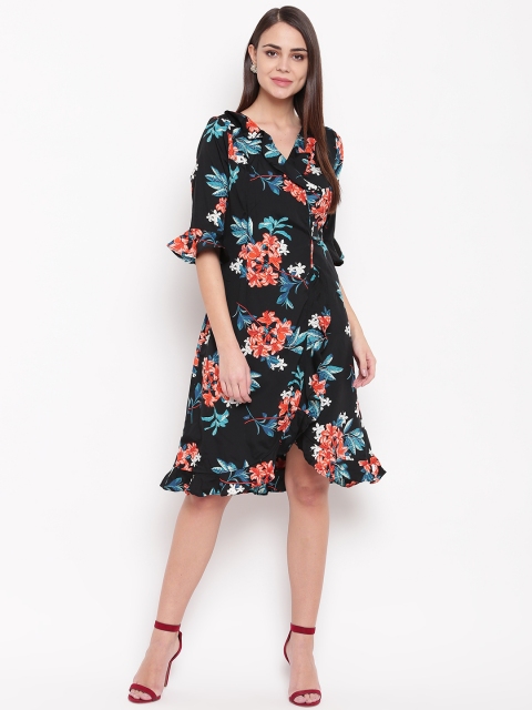 

RARE Women Black & Orange Floral Print Wrap Dress