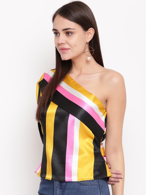 

RARE Women Yellow & Black Satin One-Shoulder Striped Top