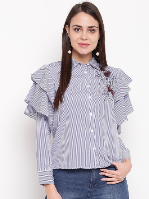 

RARE Women Blue & White Ruffled Striped Casual Shirt