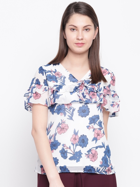 

RARE Women White & Navy Blue Printed Top