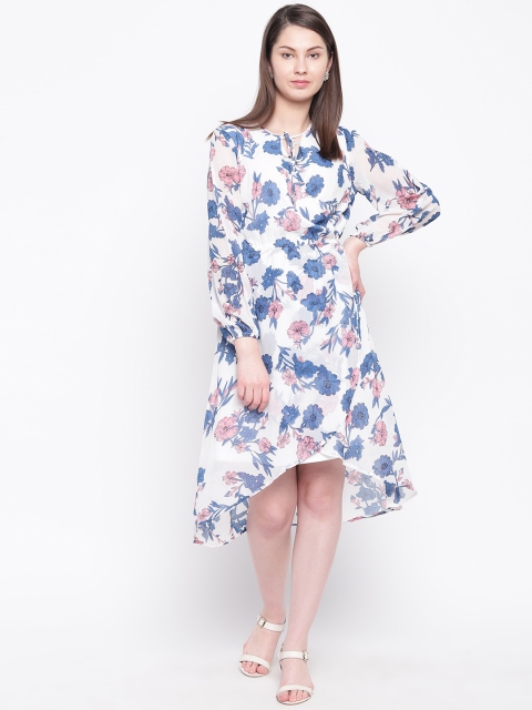

RARE Women White & Blue Floral Printed Wrap Dress