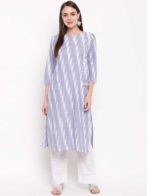 

RARE ROOTS Women Blue & White Ikat Print Straight Kurta