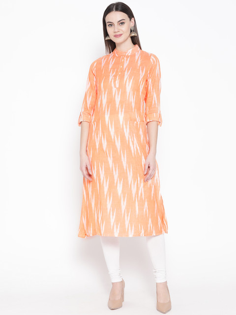 

RARE ROOTS Women Orange & White Ikat Print Straight Kurta
