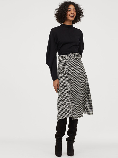 

H&M Women Black & White Checked Jacquard-Weave Skirt