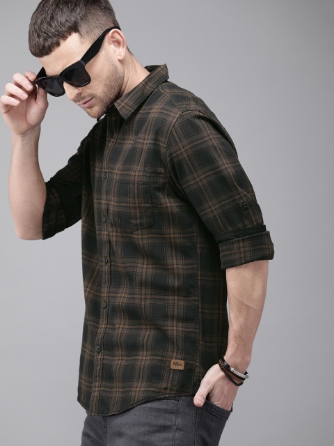 Men Black & Brown Regular Fit Checked Casual Sustainable Shirt