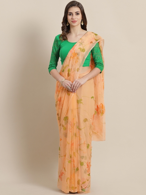 

Mitera Peach-Coloured & Green Hand Painted Printed Saree