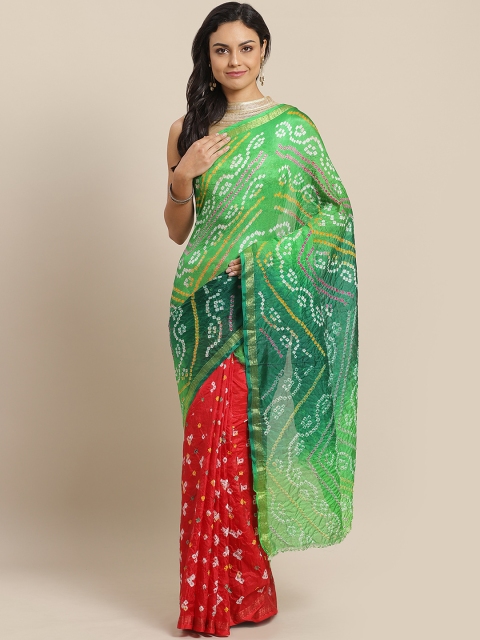 

Mitera Hand Dyed Green & Red Bandhani Silk Sustainable Saree