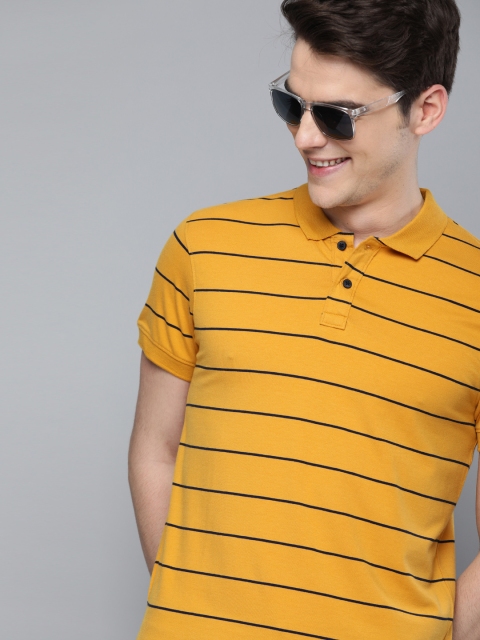 

Mast & Harbour Men Mustard Yellow & Black Striped Polo Collar T-shirt