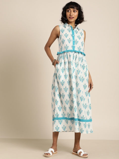 

Taavi Women White & Blue Block Print Legacy A-Line Sustainable Dress with Ruffle Detailing