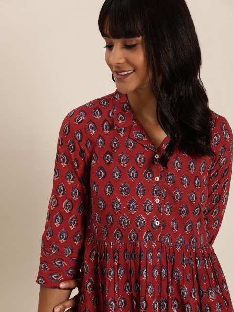 

Taavi Women Maroon & Blue Bagru Hand Block Print A-Line Sustainable Dress with Pockets