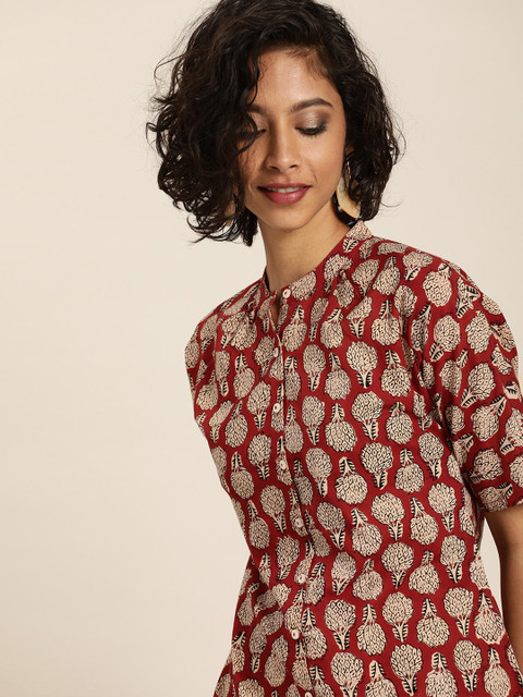

Taavi Women Maroon & Beige Bagru Hand Block Print A-Line Sustainable Dress with Pockets