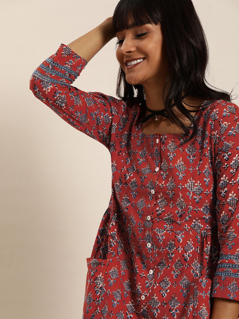 

Taavi Women Maroon & Blue Bagru Hand Block Print A-Line Sustainable Dress with Pockets