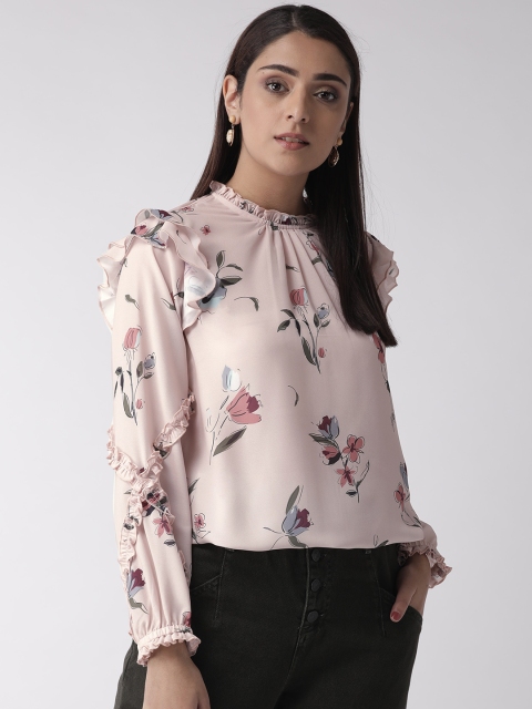 

QUIERO Women Peach-Coloured & Blue Printed Victorian Style Blouson Top
