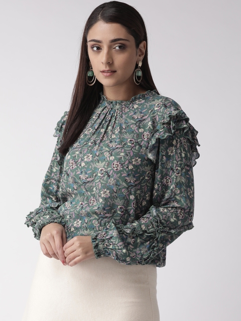 

QUIERO Women Green & Beige Printed Victorian Style Blouson Top