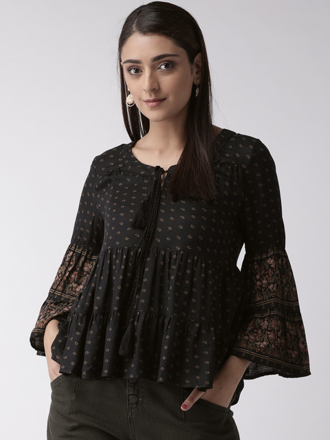 

QUIERO Women Black & Brown Printed A-Line Top