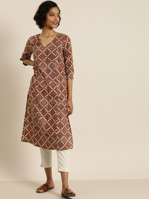 

Taavi Women Beige & Brown Bagru Hand Block Print Sustainable Straight Kurta with Pockets
