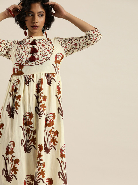 

Taavi Women Off-White & Brown Block Print Legacy A-Line Sustainable Kurta with Gathers & Tassels