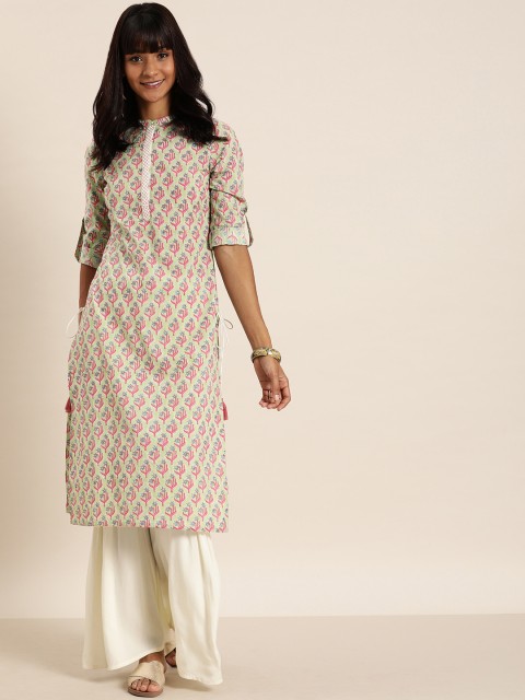 

Taavi Women Green & Pink Hand Block Print Legacy Straight Sustainable Kurta with Tie-Ups