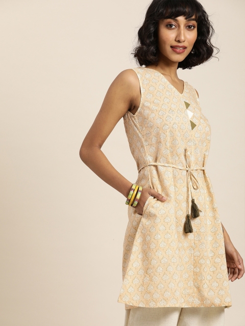 

Taavi Women Beige Hand Block Print Legacy Straight Sustainable Kurta with Fabric Belt & Pockets