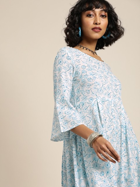 

Taavi Women Blue & White Hand Block Print Legacy A-Line Midi Sustainable Dress with Gathers, Black