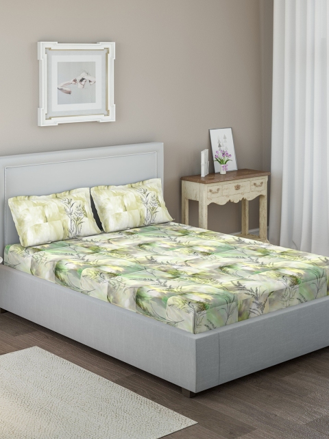 

DDecor Green & Off-White Conversational 144 TC Cotton 1 Queen Bedsheet with 2 Pillow Covers