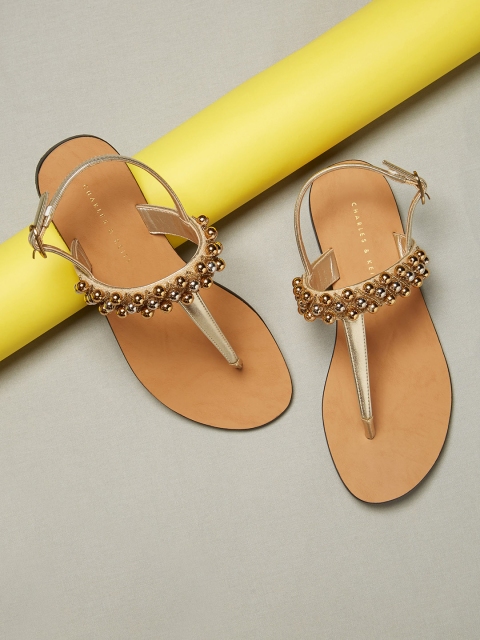 

CHARLES & KEITH Women Gold-Toned Embellished Open Toe Flats