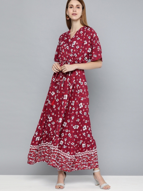 

HERE&NOW Women Red & White Printed Maxi Dress with Tie-Up Detailing